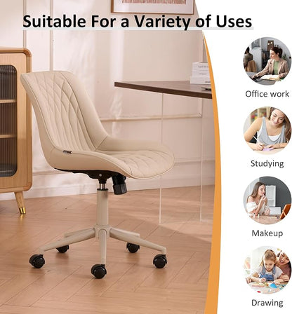 YOUNIKE Cream Faux Leather Ergonomic Office Chair Armless Comfy Desk Chair with Rocking Back Cute Swivel Vanity Chair with Wheels Height Adjustable Small Computer Task Chair for Sewing Drafting