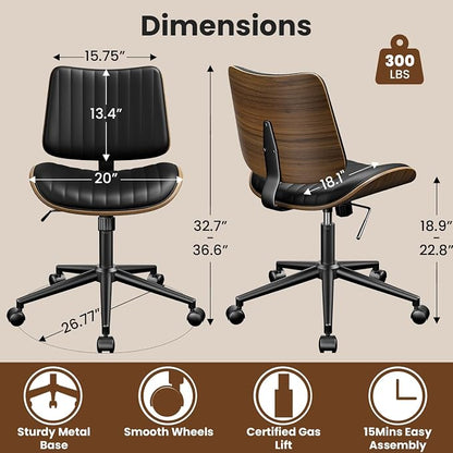 YaFiti Armless Office Chair, Mid Century Modern Desk Chair with Walnut Wood Back & SGS Level 3 Gas Lift, Swivel PU Leather Computer Chair for Small Space, Home Office, Bedroom, 300lbs Cap, Black