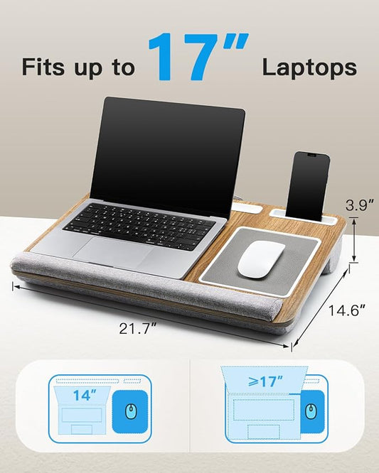 HUANUO Lap Desk - Fits up to 17 inches Laptop Desk, Built in Mouse Pad & Wrist Pad for Notebook, Laptop, Tablet, Lap Stand with Tablet, Pen & Phone Holder, Brown Woodgrain