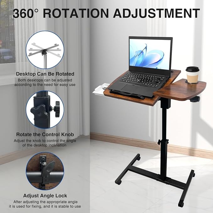 Medical Adjustable Overbed Bedside Table with 2 Tilting Desktops Teacher Podium Laptop Computer Cart Mobile Laptop Desk with Cup Holde,Drawer,Wheels for Office, Home and Classroom (Brown)