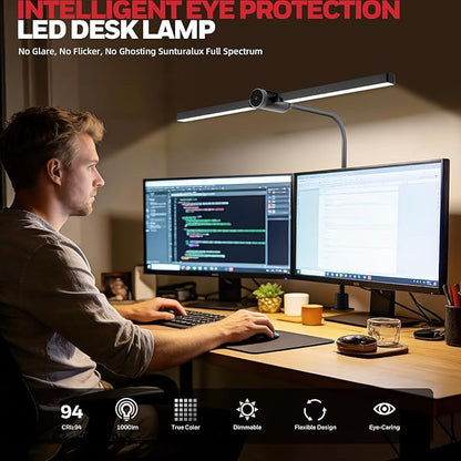 Honeywell Led Desk Lamp with Clamp - HJ4 Sunturalux™, Flexible Dual‑Head Clip‑On Gooseneck Desk Lamps for Home Office, 4 Color Temperature Modes, Stepless Dimming Eye Caring Computer Light, Black