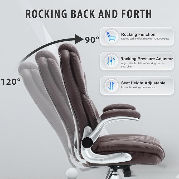 Leather Executive Office Chair, Big and Tall High Back Ergonomic Desk Chairs with Wheels, 90-120° Rocking Managerial Home Computer Chairs with Flip up Arms and Lumbar Support, Dark Brown