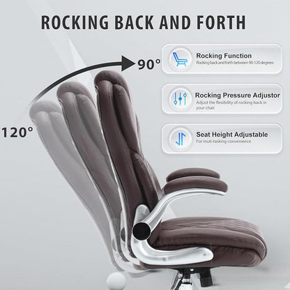 Leather Executive Office Chair, Big and Tall High Back Ergonomic Desk Chairs with Wheels, 90-120° Rocking Managerial Home Computer Chairs with Flip up Arms and Lumbar Support, Dark Brown