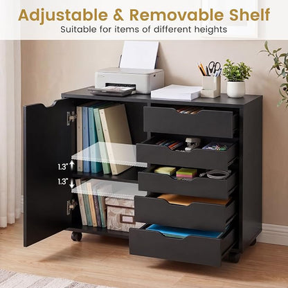 Giantex 5-Drawer File Cabinet with Wheels, Wooden Rolling Lateral Filing Cabinet with Door and Adjustable Shelf, Chest of Drawers, Mobile Printer Stand Organizer for Home Office (Black)