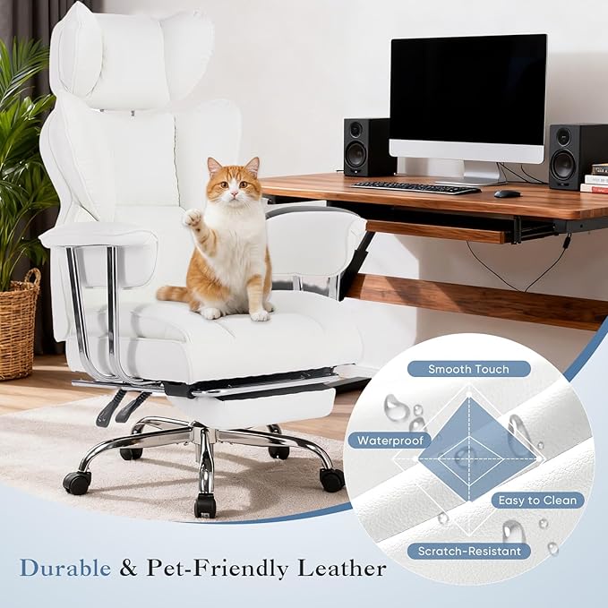 DUMOS Big and Tall Office Chair 400 LBS, Scratch-Resistant PU Leather Executive Office Desk Chair with Footrest, Ergonomic Reclining Computer Chairs with Pocket Spring Support, White