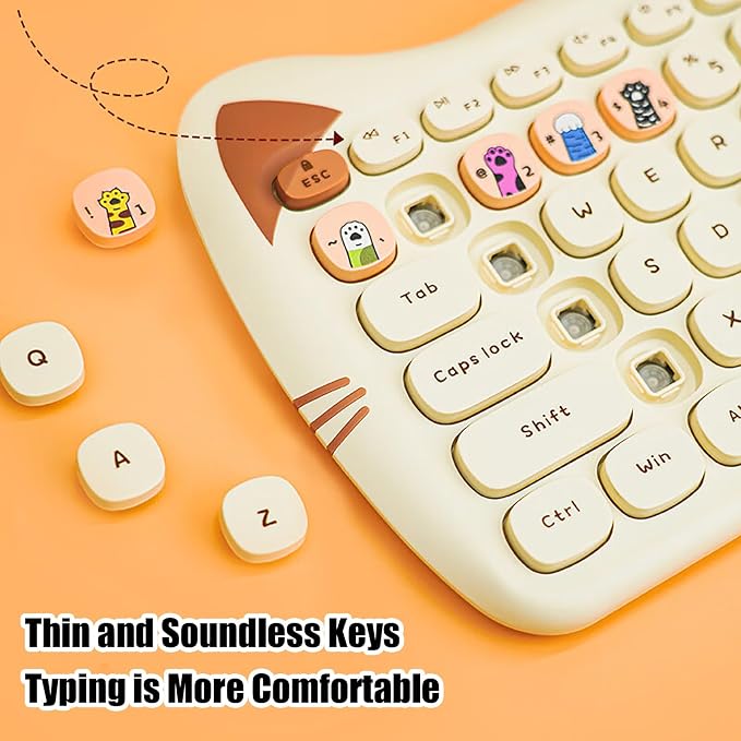 Cute Cat 2.4G USB Wireless Keyboard and Mouse Combo, Silent Keys, Candy Colors, Compatible with Notebook, PC (MilkTea-110Keys)