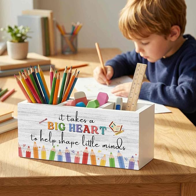 Teacher Appreciation Gifts Pencil Pen Holder for Desk Organizer, Thank You Gifts for Teachers Women Men Wooden Box Decorations for Home Office Classroom Desk Tabletop Decor