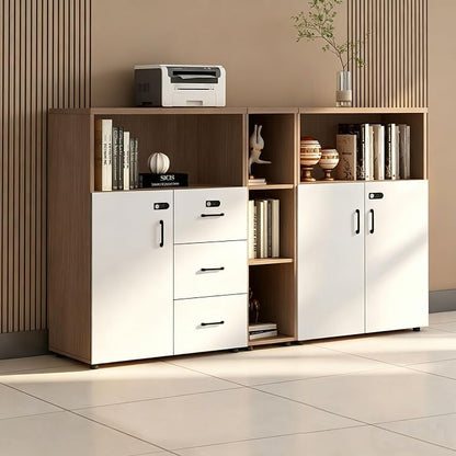 File Cabinet with Password Lock, Wood Lateral Filing Cabinet for Letter/A4 Files, 3 Drawer with Door, Printer Stand with Open Shelves for Home Office