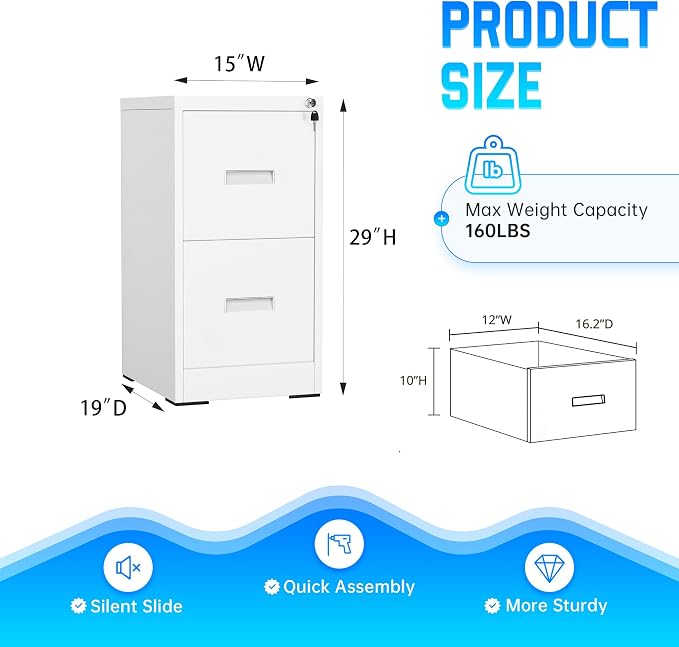 Greenvelly 18" D File Cabinet, 2 Drawer Filing Cabinet with Lock, Locking Vertical File Cabinet for Home Office, White Metal File Cabinet for Hanging Letter/Legal Folders, Easy Assemble