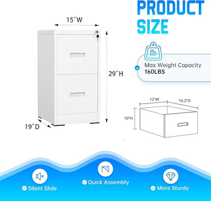 Greenvelly 18" D File Cabinet, 2 Drawer Filing Cabinet with Lock, Locking Vertical File Cabinet for Home Office, White Metal File Cabinet for Hanging Letter/Legal Folders, Easy Assemble