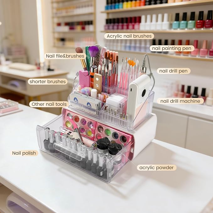 Wilfniee 2-Tier Nail Tech Desk Organizer with Drawer for Polish, Brushes, Drill Bits