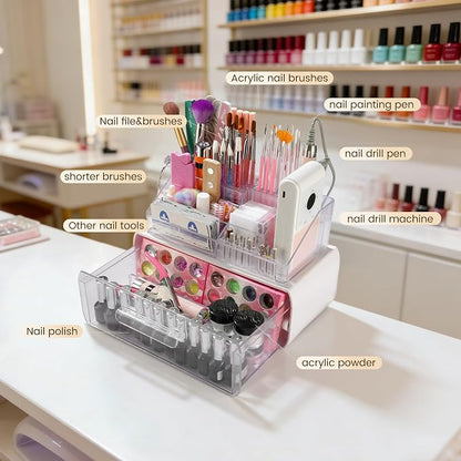 Wilfniee 2-Tier Nail Tech Desk Organizer with Drawer for Polish, Brushes, Drill Bits