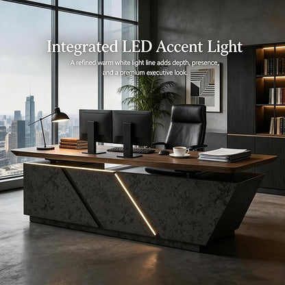 SAINTCY 86.61 in Adjustable Executive Desk - Luxury L Shaped Desk with Drawers, Large Table with File Cabinets, Executive Office Desks with LED Light Strip Home Office Desk for Professionals