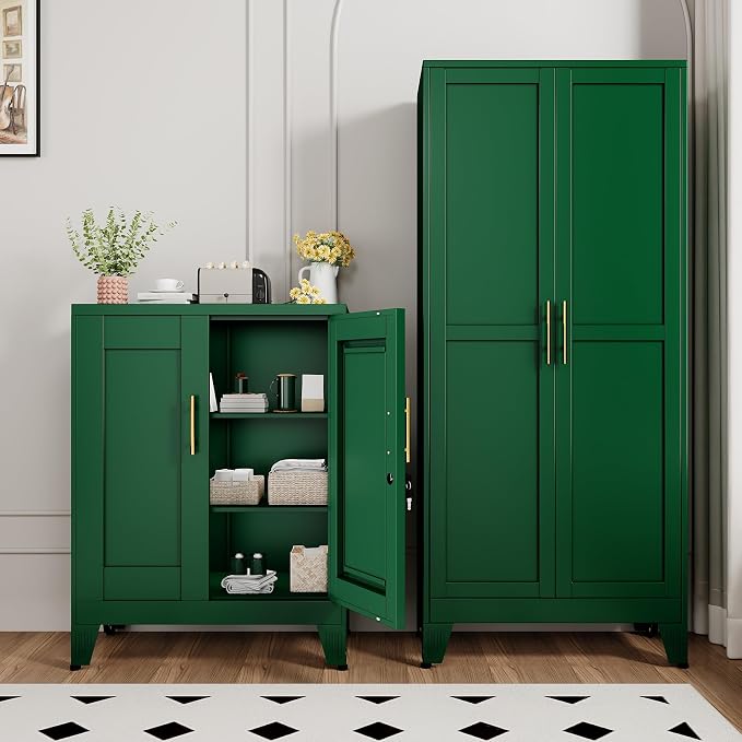 Green Metal Storage Cabinet, 36" Tall Locking Storage Cabinet with 2 Adjustable Shelves, Steel Locker Organizer, for Office, Home, School, 2PS
