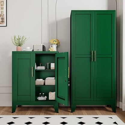 Green Metal Storage Cabinet, 36" Tall Locking Storage Cabinet with 2 Adjustable Shelves, Steel Locker Organizer, for Office, Home, School, 2PS