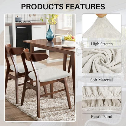 SearchI Water Repellent Seat Covers for Dining Chairs, 6 Pack Jacquard Stretch Dining Room Chair Seat Covers, Kitchen Chair Seat Covers Protectors(Beige Diamond)