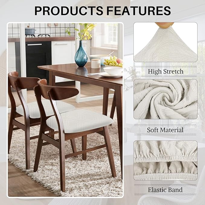 SearchI Water Repellent Seat Covers for Dining Chairs, 4 Pack Jacquard Stretch Dining Room Chair Seat Covers, Kitchen Chair Seat Covers Protectors(Beige Diamond)