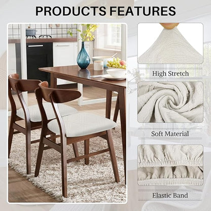 SearchI Water Repellent Seat Covers for Dining Chairs, 4 Pack Jacquard Stretch Dining Room Chair Seat Covers, Kitchen Chair Seat Covers Protectors(Beige Diamond)