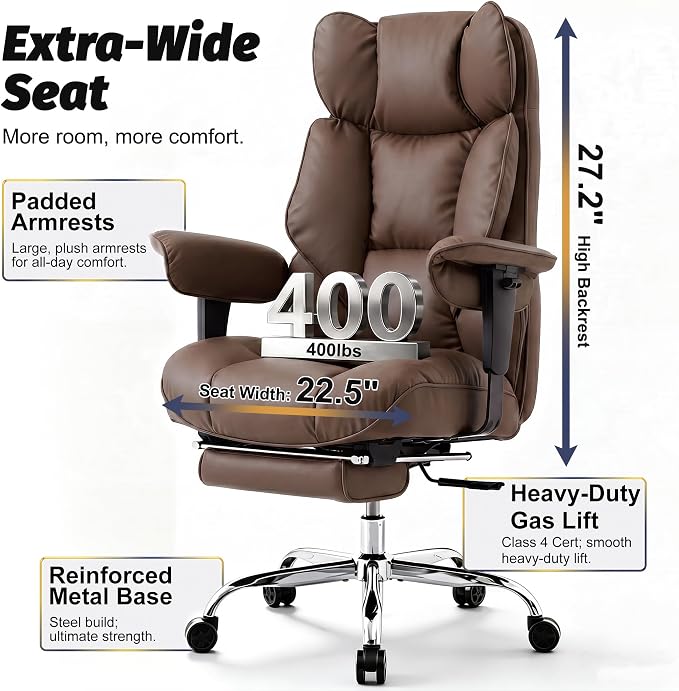 Efomao Executive Office Chair 400lbs,Brown Big and Tall Desk Chair | Mattress-grade pocket spring cushion, sleek leather, 135° recline & footrest for computer gaming setup.