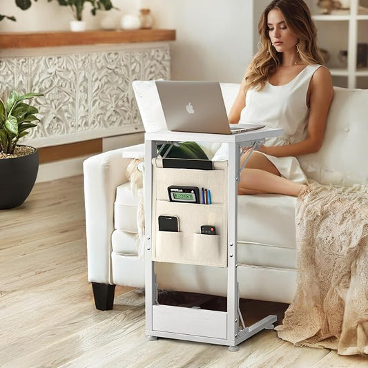 Folding TV Tray Table, Small Folding Side Table with Storage Bag, Portable C Shaped End Table for Couch Sofa Bed, White