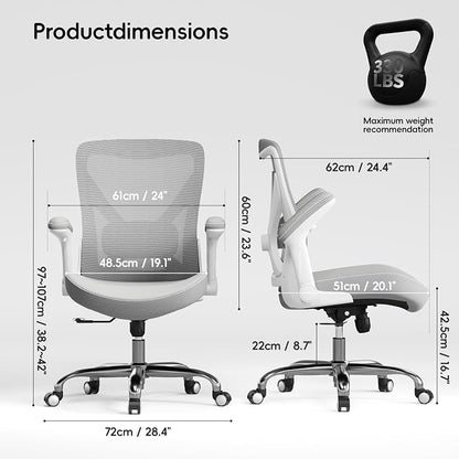 Ergalithic Office Home Ergonomic Desk Chair-Computer X-Shaped Chair Mesh PU Leather with Adjustable Lumbar Support-Executive Chair High Back Flip-Up Arms for Long Hours (White-Grey-No Headrest)