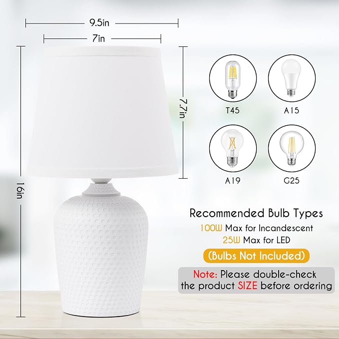 Sucolite 16'' Table Lamps Set of 2, Bedside Nightstand Lamps for Bedroom Kid’s Room, Cute Desk Lamps with Studded Texture Base for Reading Nursery Living Room Office, White