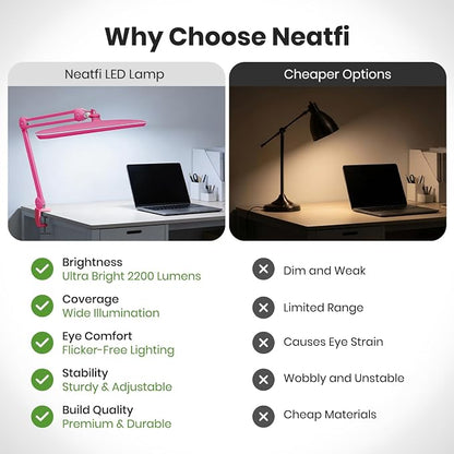 Neatfi XL 2,200 Lumens 24W LED Desk Lamp – 23” Wide Shade | Dimmable Eye-Caring Task Light | Adjustable Arm | Home Office, Study, Crafts & Nail Tech (Pink, Non-CCT with Clamp)