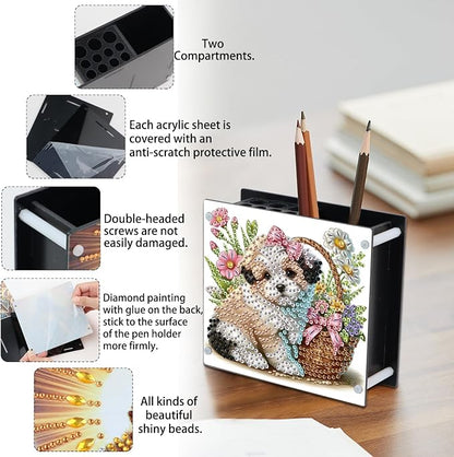 DIY Diamond Painting Kit，Cute Dog Special Shape diamond painting pen holder, Acrylic Daily Office Desktop Decoration Storage Item