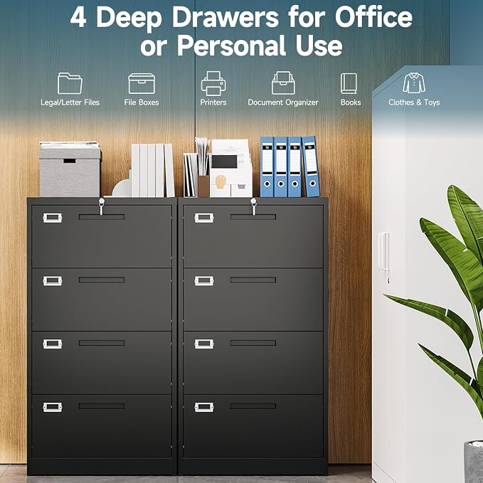 MIIIKO 4 Drawer Lateral File Cabinet with Lock, Black Lateral Filing Cabinets, Metal Storage File Cabinets for Hanging Files Letter/Legal/F4/A4 Size