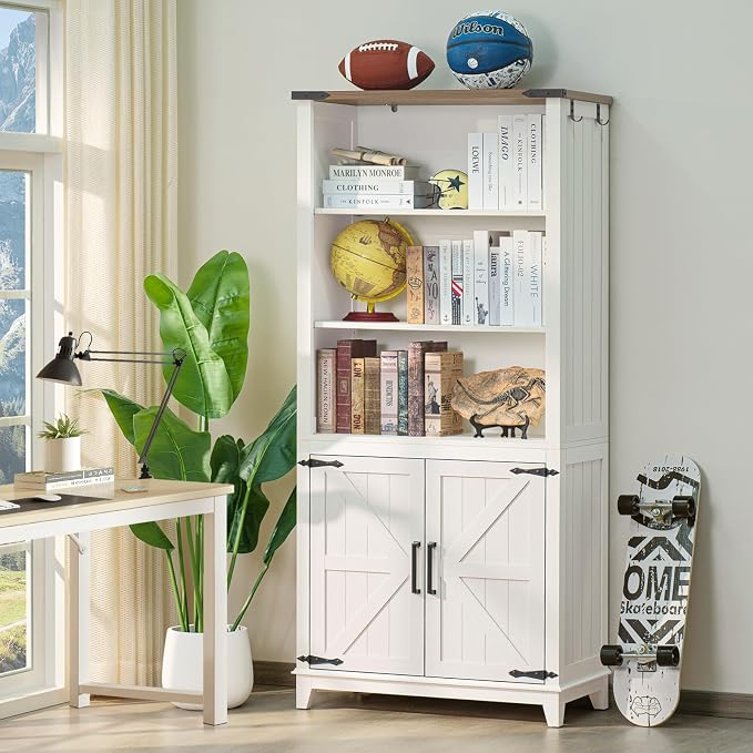 Joaxswe 5 Tier Bookshelf 70in Tall Bookcase with Barn Doors and Storage Cabinet, White Farmhouse Book Shelf with Adjustable Shelves, Wood Freestanding Display Bookshelves for Bedroom, Living Room