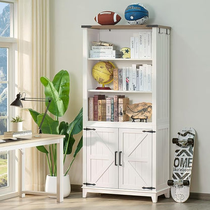 Joaxswe 70in Tall Bookshelf 5 Tier Bookcase with Barn Doors and Storage Cabinet, White Farmhouse Book Shelf with Adjustable Shelves, Wood Freestanding Display Bookshelves for Bedroom, Kitchen (3PCS)