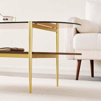 LumFurn Oval Glass Coffee Table, Mid-Century Modern Design, L41 x W21 x H17 inch, for Living Room, 2-Tier Structure, Amber Glass Top and Walnut Finish Wood Shelf, Conical Legs with Gold Finish Frame