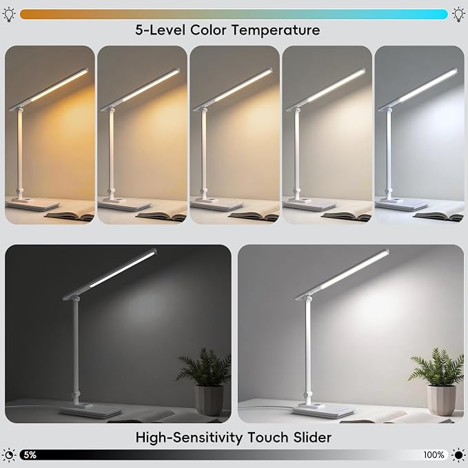 ELECTRI Desk Lamp for Home Office, Eye-Care Desk Light with Touch Control, 5 Color & Stepless Dimming, 360° Rotatable, Reading Lamp for Table Study Work Office Nail Craft Puzzle(with Adapter)
