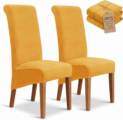 Deisy Dee Stretch XL/Oversized Extra Large Velvet Dining Room Chair Covers for Kitchen Dining，Removable Washable Chair Protectors Slipcovers (Golden Yellow, 2)