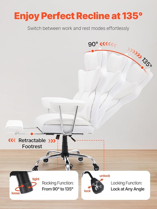 VEVOR Reclining Office Chair with Footrest, Heavy Duty PU Leather Oversize Office Chair, Big and Tall Executive Office Chairs with Lumbar Support, Strong Metal Base Quiet Wheels, White