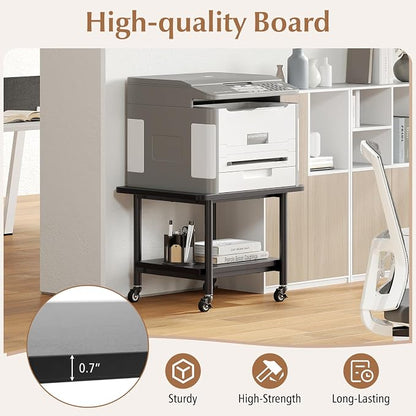 GOFLAME Under Desk Printer Stand, 2-Tier Mobile Printer Table with Storage Shelf, Metal Frame, Rolling Printer Cart Holder Storage Rack with Lockable Wheels for Home Office, Black