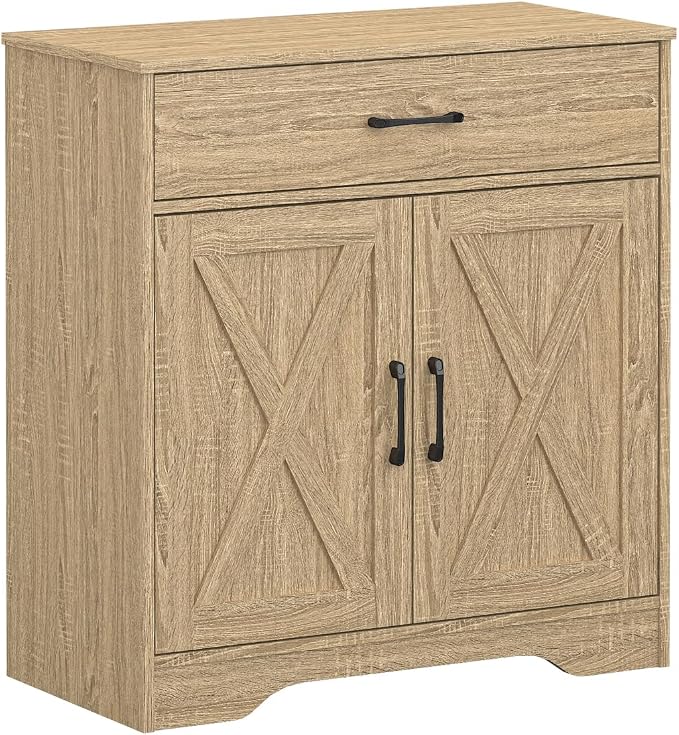 Panana Wooden Cabinet 1 Drawer and 2 Doors Storage Cupboard Coffee Bar Sideboard Farmhouse Entryway Organizer Console (Nature)