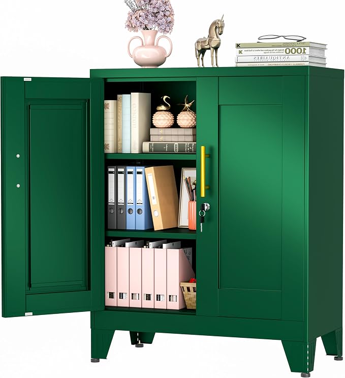 winiowa Tall Metal Storage Cabinet with Lock, Locking File Cabinet with 2 Doors and 2 Adjustable Shelves, Green Lockable Organizer for Home Office Garage（27.6" W）