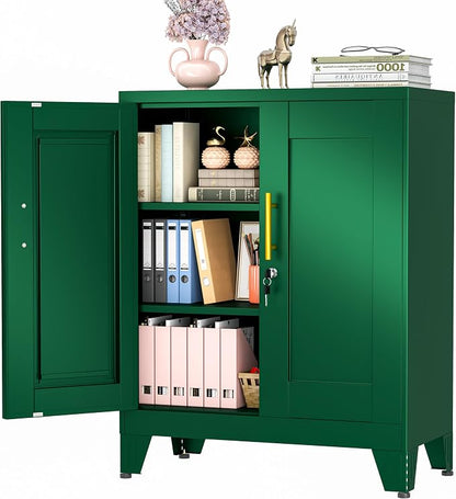 winiowa Tall Metal Storage Cabinet with Lock, Locking File Cabinet with 2 Doors and 2 Adjustable Shelves, Green Lockable Organizer for Home Office Garage（27.6" W）