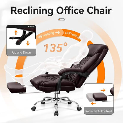 BestGlory Office Chair, Executive Leather Chair Adjustable High Back, Computer Desk Chair Lumbar Support, Big and Tall Office Chair with Footrest, Comfy Reclining Chair for Home Office