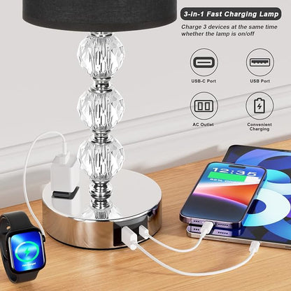 Black Touch Bedside Lamps for Bedrooms - Crystal Table Lamp with USB C+A Charging Port and AC Outlet Nightstand, 3 Way Dimmable Silver Small End Side Table Lamp for Living/Guest/Dinning Room/Kitchen