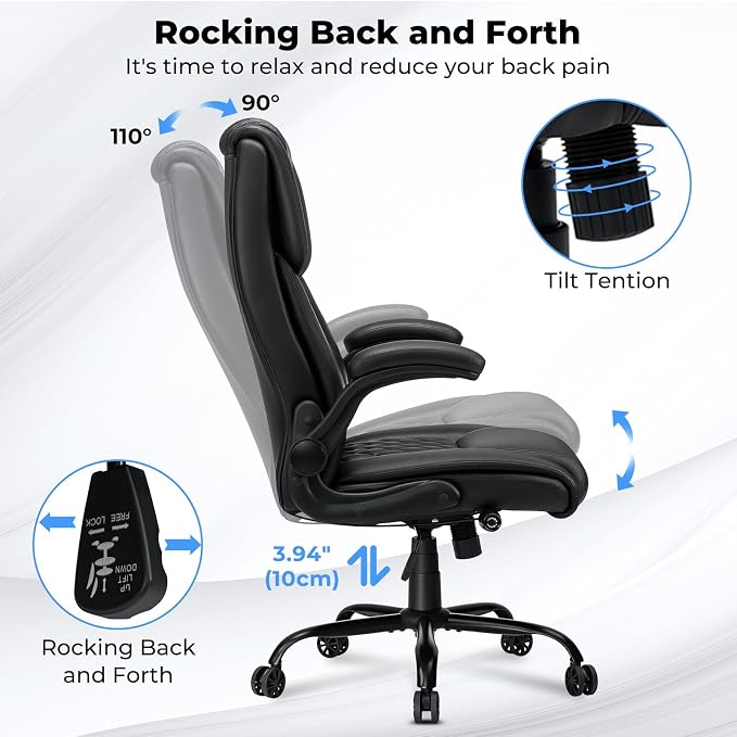 VANSPACE Executive Office Chair Big and Tall 450lbs Heavy Duty Desk Chairs with Adjustable Lumbar Support High Back Home Computer Leather Chair with Flip-up Armrests for Heavy People,Black