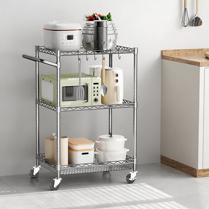 3 Tier Rolling Utility Metal Carts with Wheels Heavy Duty Storage Cart 750Lbs Capacity Adjustable Kitchen Cart with Handle & Shelf Liner Commercial Service Trolley for Indoor & Outdoor Use