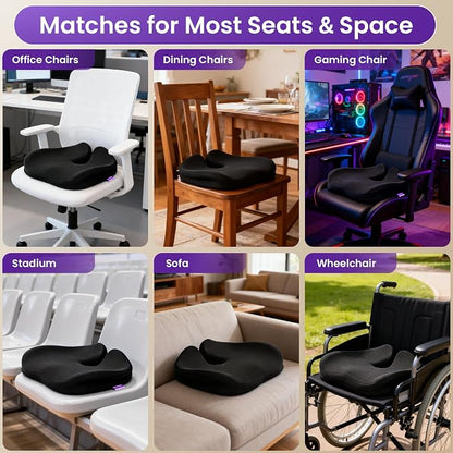 ZZ-WELL Seat Cushions for Office Chairs, Patented Pressure Relief Coccyx Cushion for Tailbone Pain, Memory Foam Butt Pillows for Wheelchair Car Sitting, Carrying Handle, Non-Slip (Black, Large)