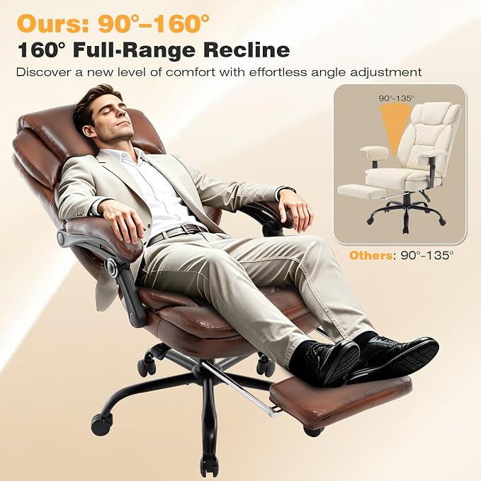 400lbs Reclining Office Desk Chair with Footrest, Managerial Executive Chair Lounge Chair for Office, Plus Size Brown Leather Recliner Office Chairs