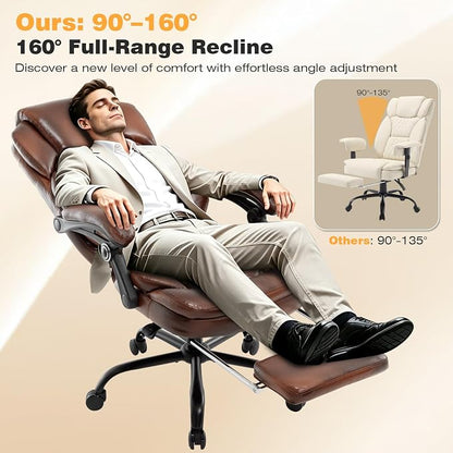 400lbs Reclining Office Desk Chair with Footrest, Managerial Executive Chair Lounge Chair for Office, Plus Size Brown Leather Recliner Office Chairs