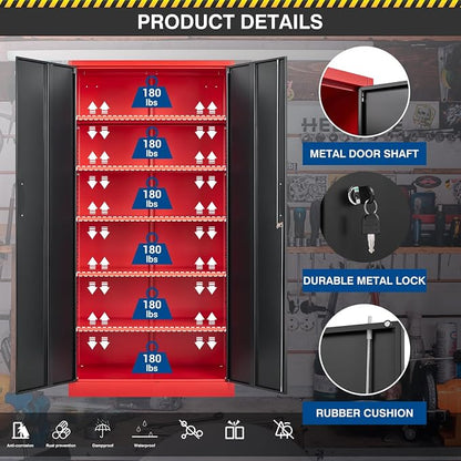 Fesbos Metal Storage Cabinet-71” Tall Steel File Cabinets with Lockable Doors and Adjustable Shelves-Black&Red Steel Storage Cabinet for Home, School, Office, Garage