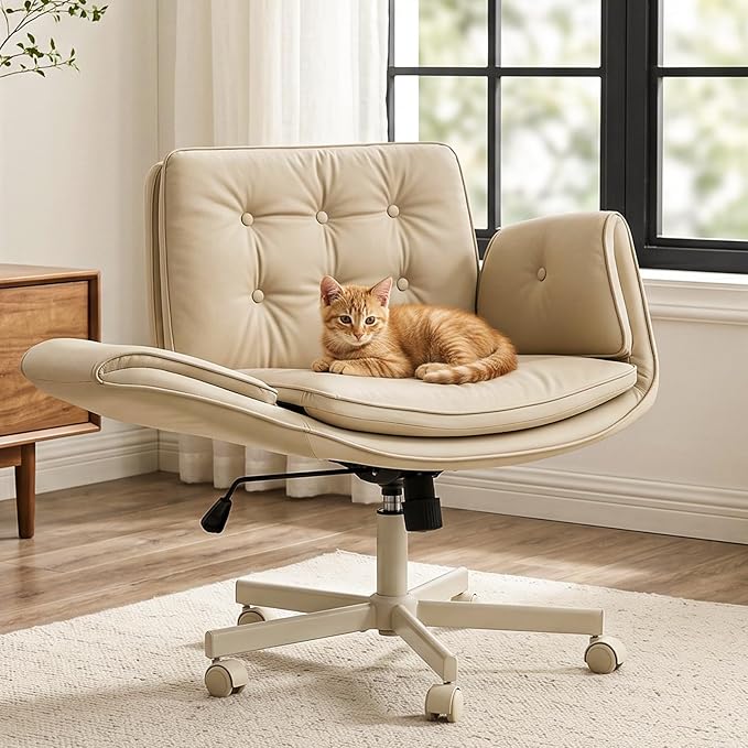 amseatec Criss Cross Chair with Armrests & Wheels, PU Leather Vanity Chair, Comfortable Adjustable Swivel Computer Office Desk Chairs for Home, Make Up, Bed Room (Cream White)