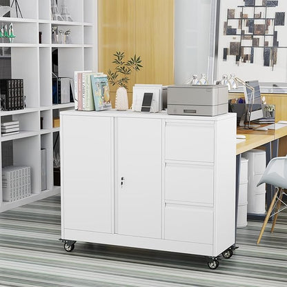 pozdeg Lockable Lateral File Cabinet with Gooseneck Handle, 3 Drawer Mobile Rolling File Cabinet with Wheels, Anti-Rust Sturdy Steel Cabinet for Home Office Workspace Organization (White)