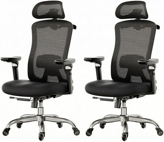 HUANUO Ergonomic Office Chair with 6D Armrest, Seat Depth Adjustment, Lumbar Support, Quiet Rubber Caster, High Back Mesh Gaming Chair with 3D Headrest, Big and Tall Chair for Home Office, Pack of 2